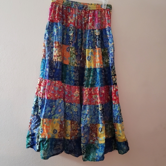 La Cera patchwork floral boho tiered drawstring midi cotton skirt, size Small - Picture 2 of 6